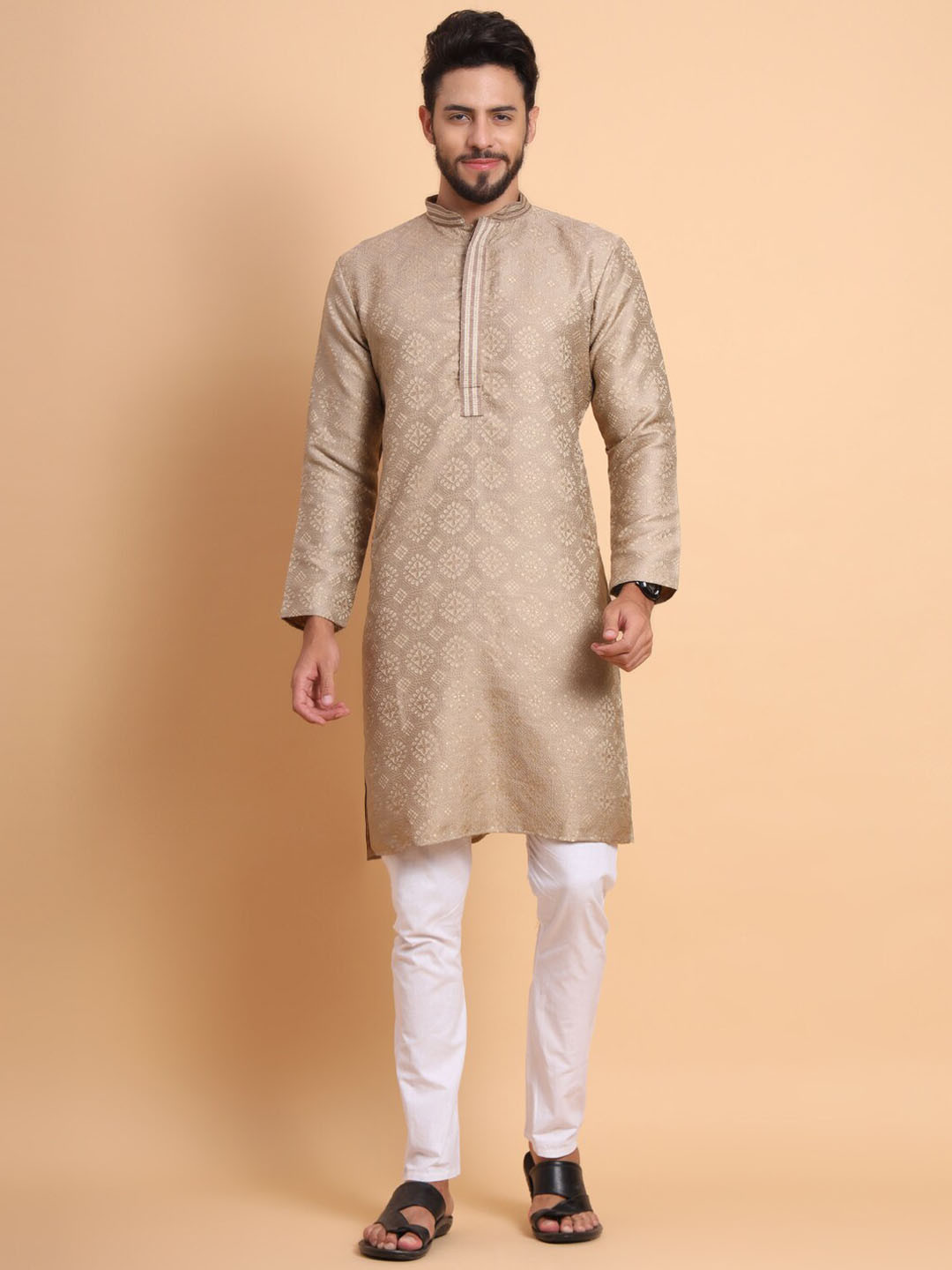 SWAGG INDIA Woven Design Mandarin Collar Jacquard Kurta