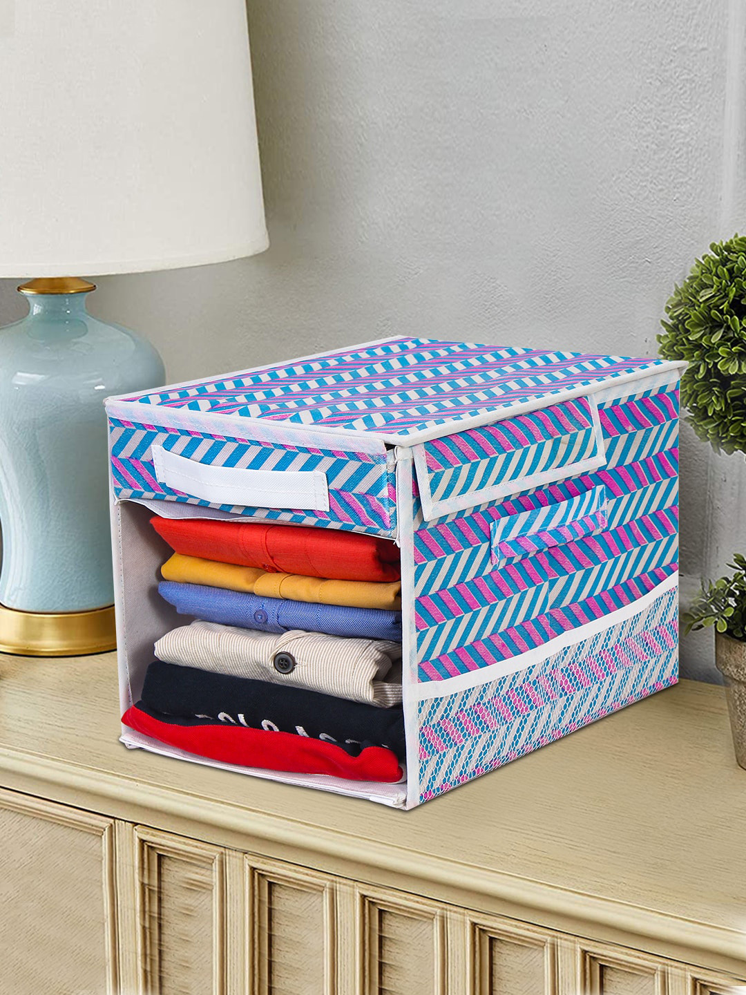 prettykrafts Blue 9 Pieces Printed Foldable Shirt Organizers With Removable Drawer