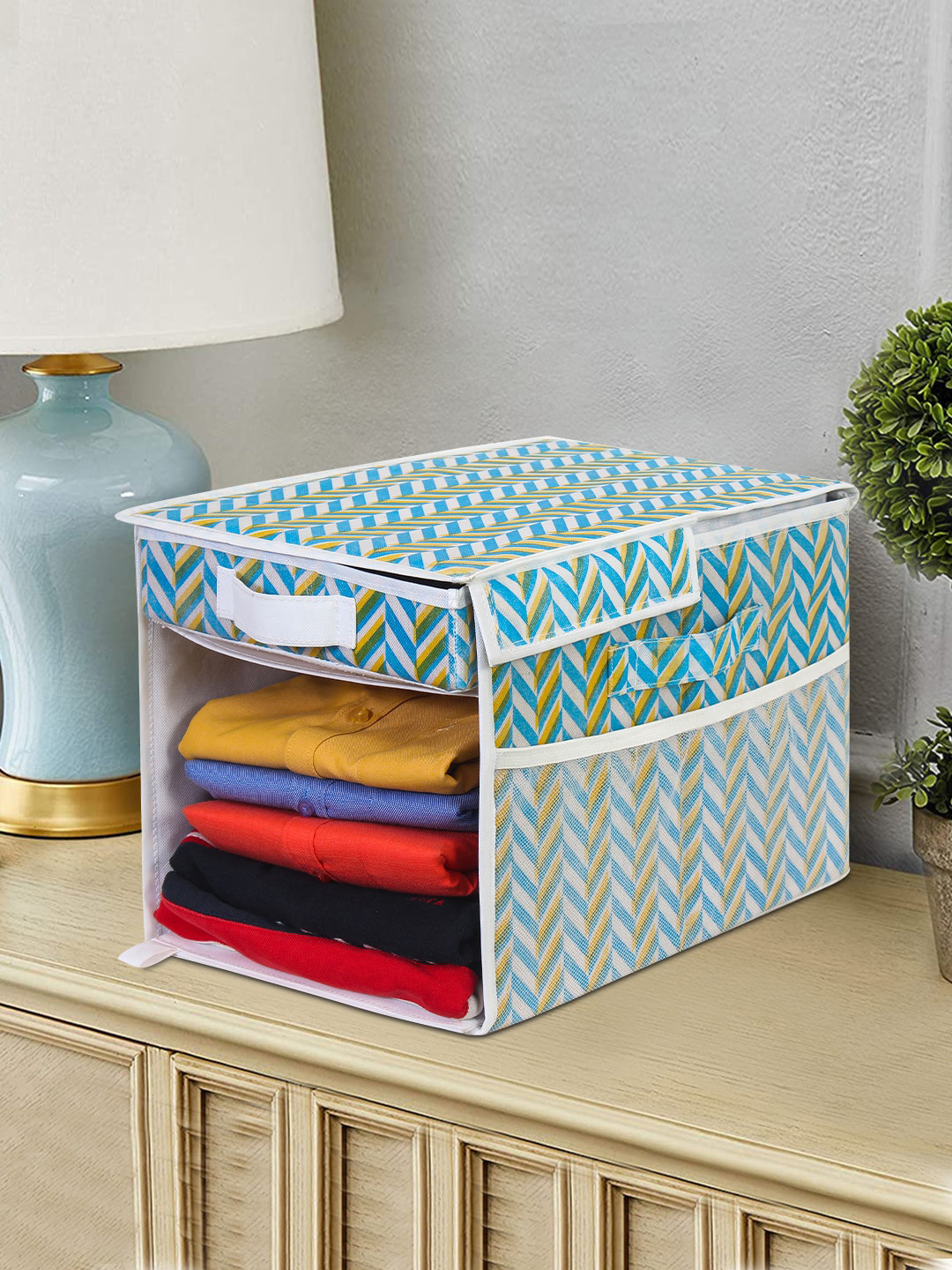 prettykrafts Green & Blue Printed Foldable Shirt Organizer With Removable Drawer