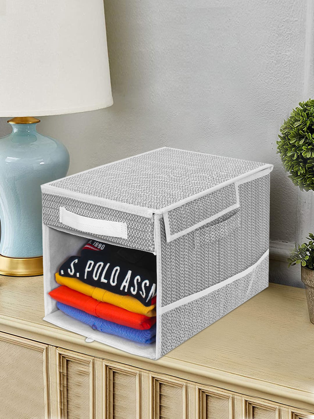 prettykrafts Grey 2 Pieces Printed Foldable Shirt Organizers With Removable Drawer