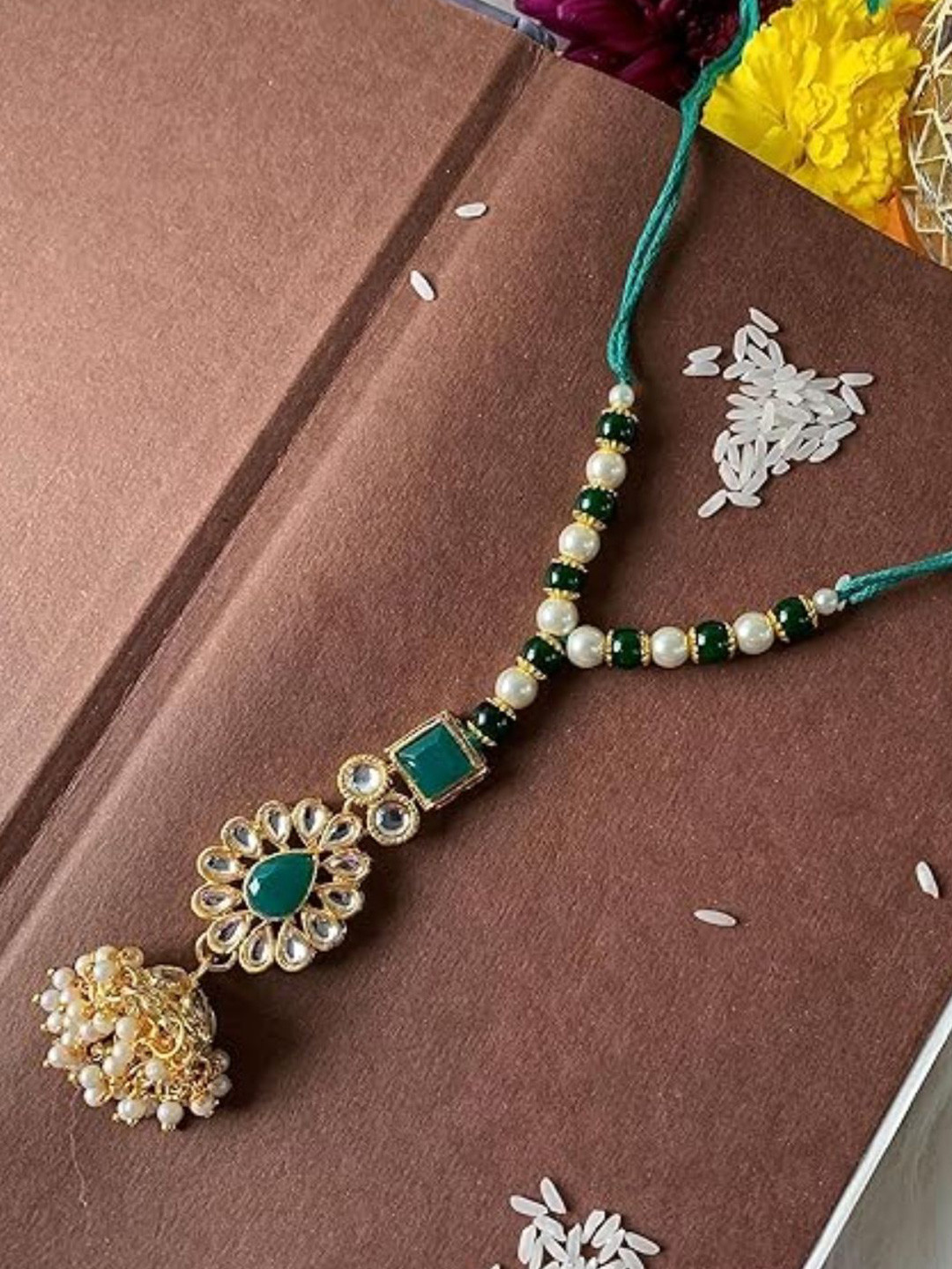 I Jewels Stone Studded Pearl Beaded Hanging Lumba Rakhi With Roli & Rice