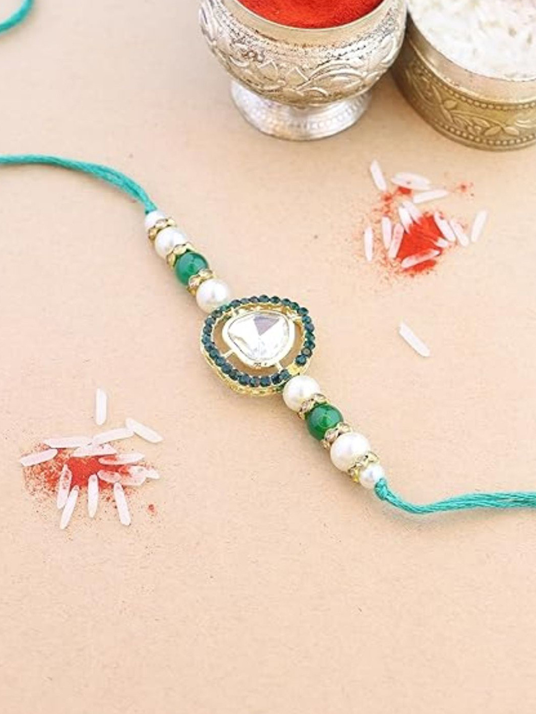 I Jewels Kundan Studded Thread Rakhi With Roli Chawal