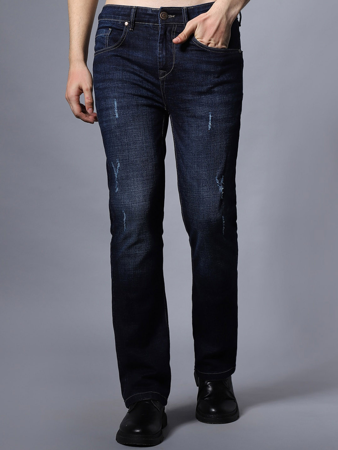 High Star Men Wide Leg Low Distress Cat Scratches Mid-Rise Stretchable Jeans