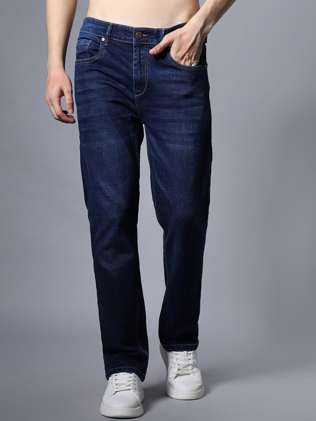 High Star Men Wide Leg Clean Look Mid-Rise Stretchable Jeans