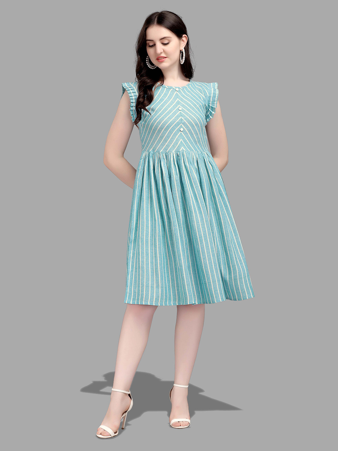 Kinjo Striped Flutter Sleeve Fit & Flare Dress