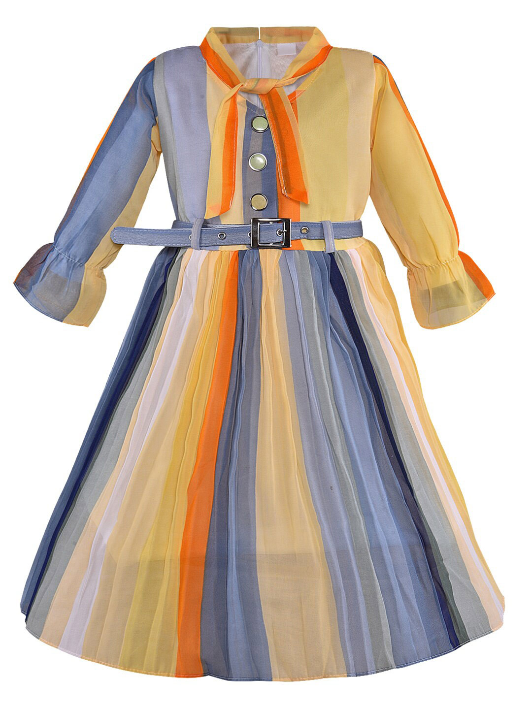 Wish Karo Colourblocked Bell Sleeve Belted Georgette Fit & Flare Dress