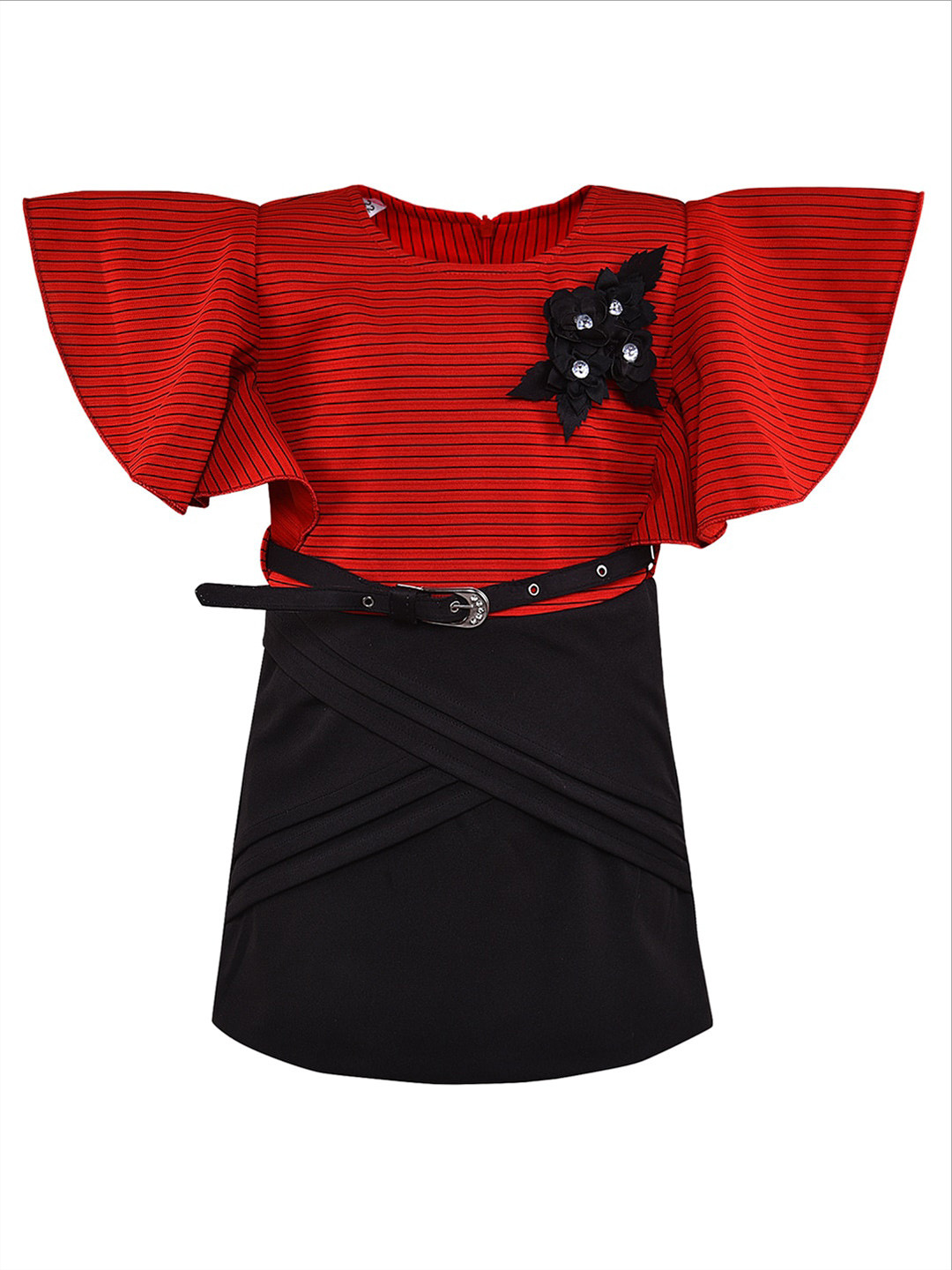 Wish Karo Striped Applique Belted Cotton Sheath Dress