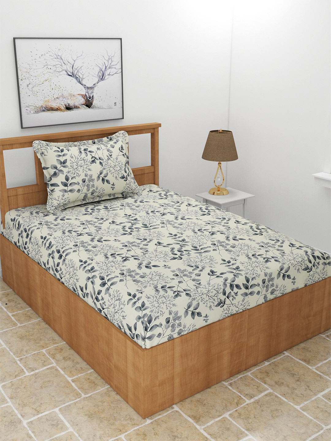 MORADO Maple Cream Leaf Polycotton 210 TC Single Fine Bedsheet with a Pillow Cover-60 x 90 inches