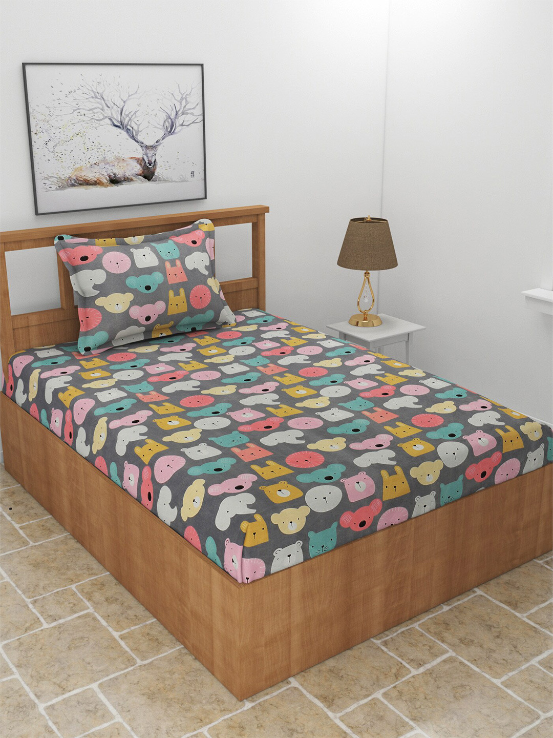 MORADO Kidzania Grey Animal Polycotton 210 TC Single Fine Bedsheet with a Pillow Cover-60 x 90 inches