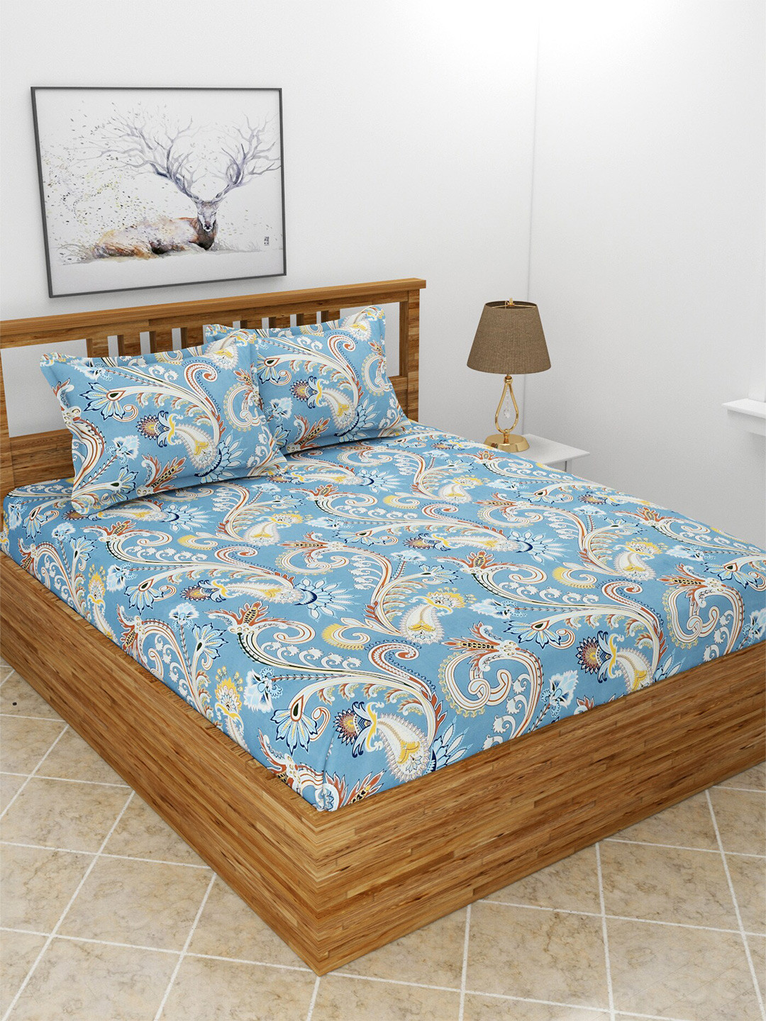 MORADO Rajasthani Blue Floral Polycotton 210 TC Queen Fine Bedsheet with 2 Pillow Covers-90 x 100 inches