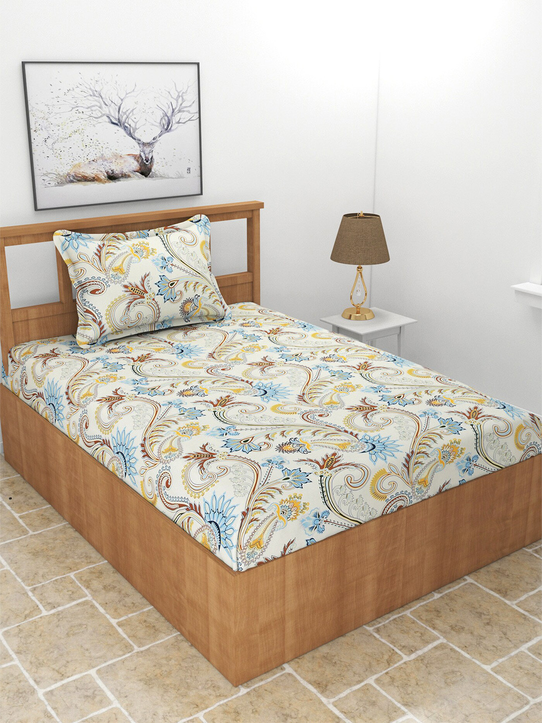 MORADO Maple Off White Ethnic Motifs Polycotton 210 TC Single Fine Bedsheet with a Pillow Cover-60 x 90 inches