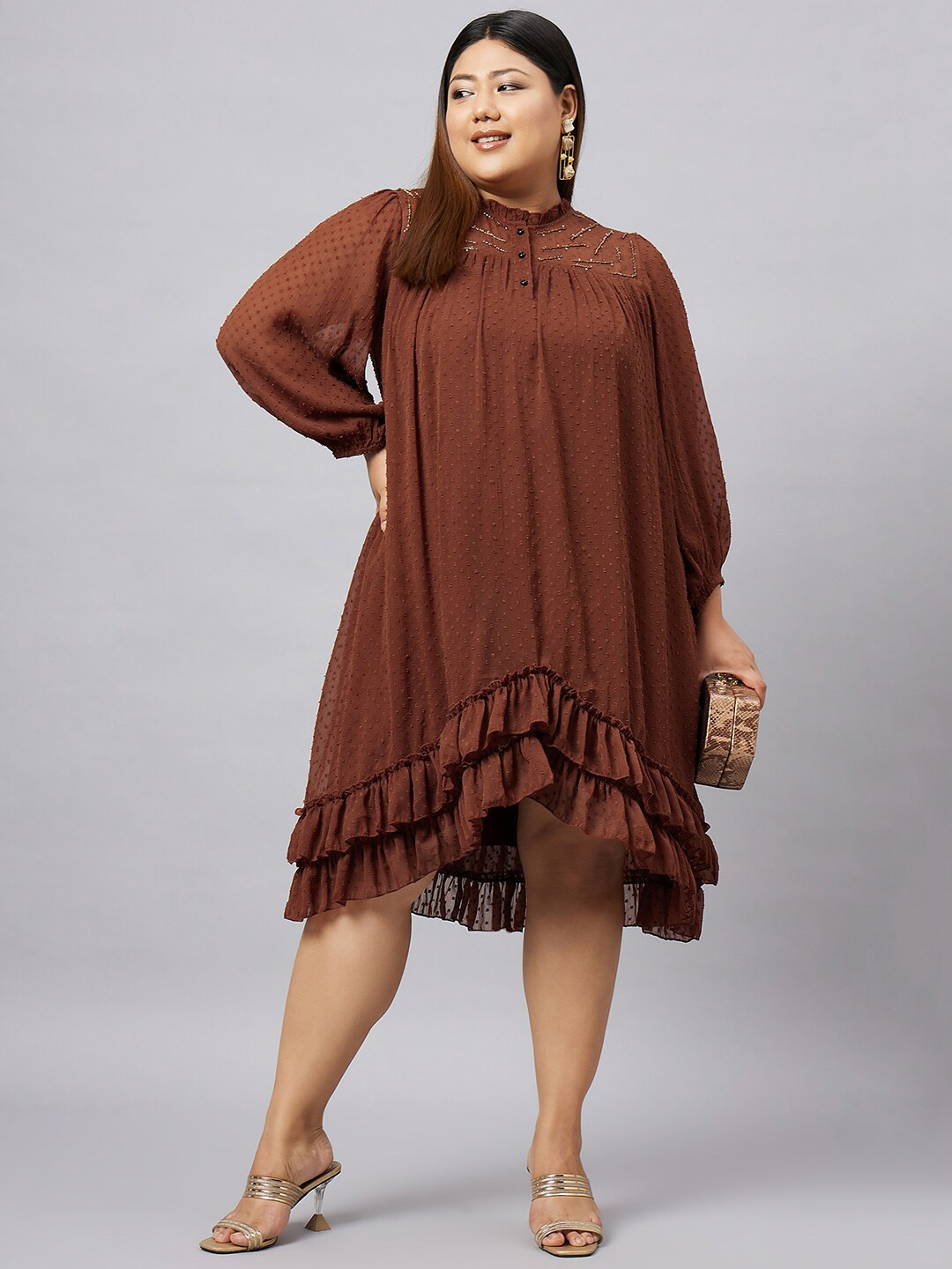 Antheaa Curve Plus Size Self Design Tie-Up Neck Tiered Chiffon A-Line Midi Dress