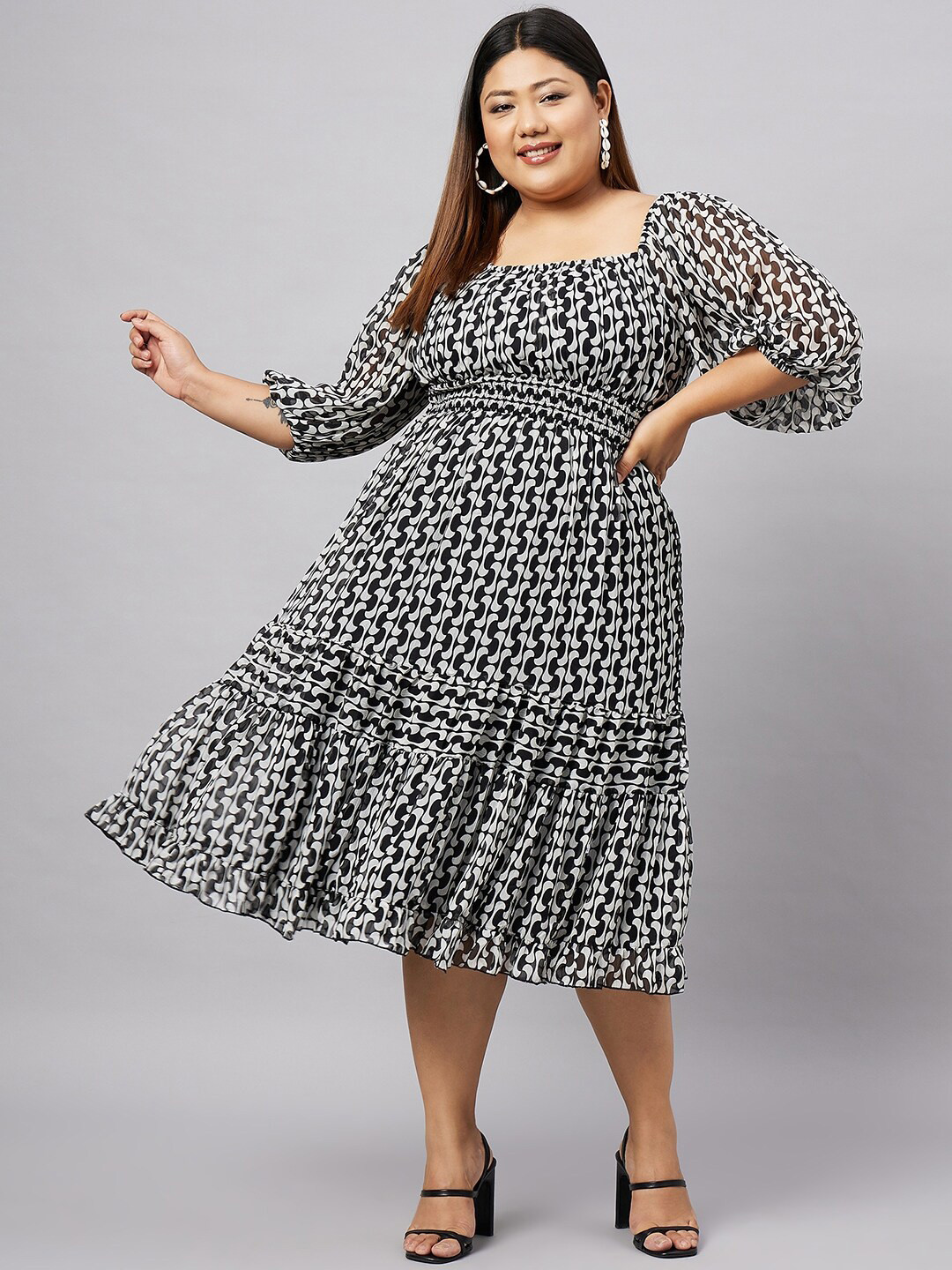 Antheaa Curve Plus Size Geometric Printed Puff Sleeves Fit & Flared Midi Dress