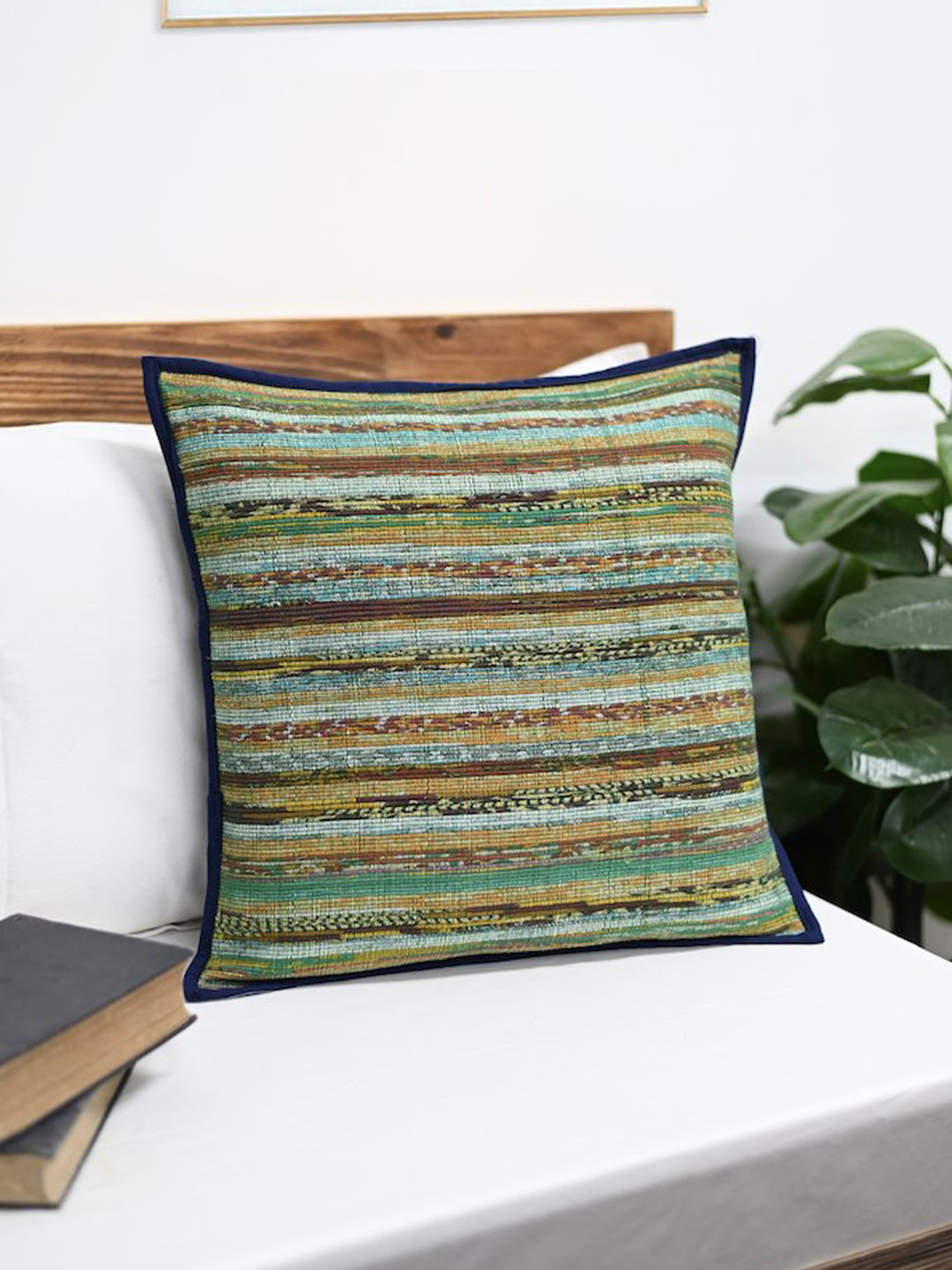 ArtEastri Green Striped Cotton Breathable Textured Square Cushion Cover -16x16In