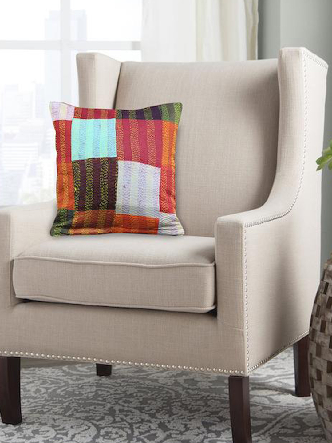 ArtEastri Red & Blue Vintage Silk Kantha patchwork Cushion Cover