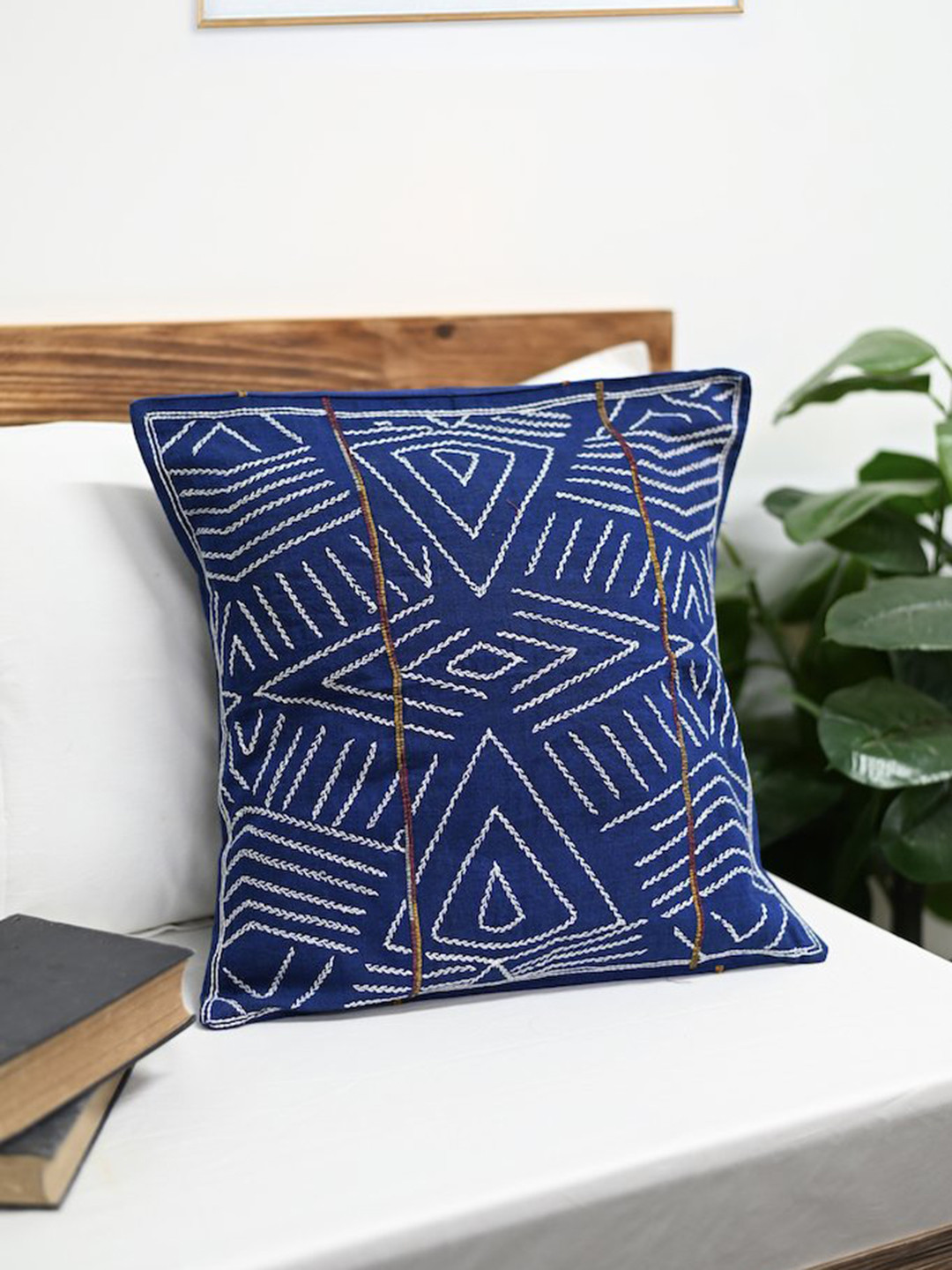 ArtEastri Blue & White Kantha Cotton Square Cushion Cover