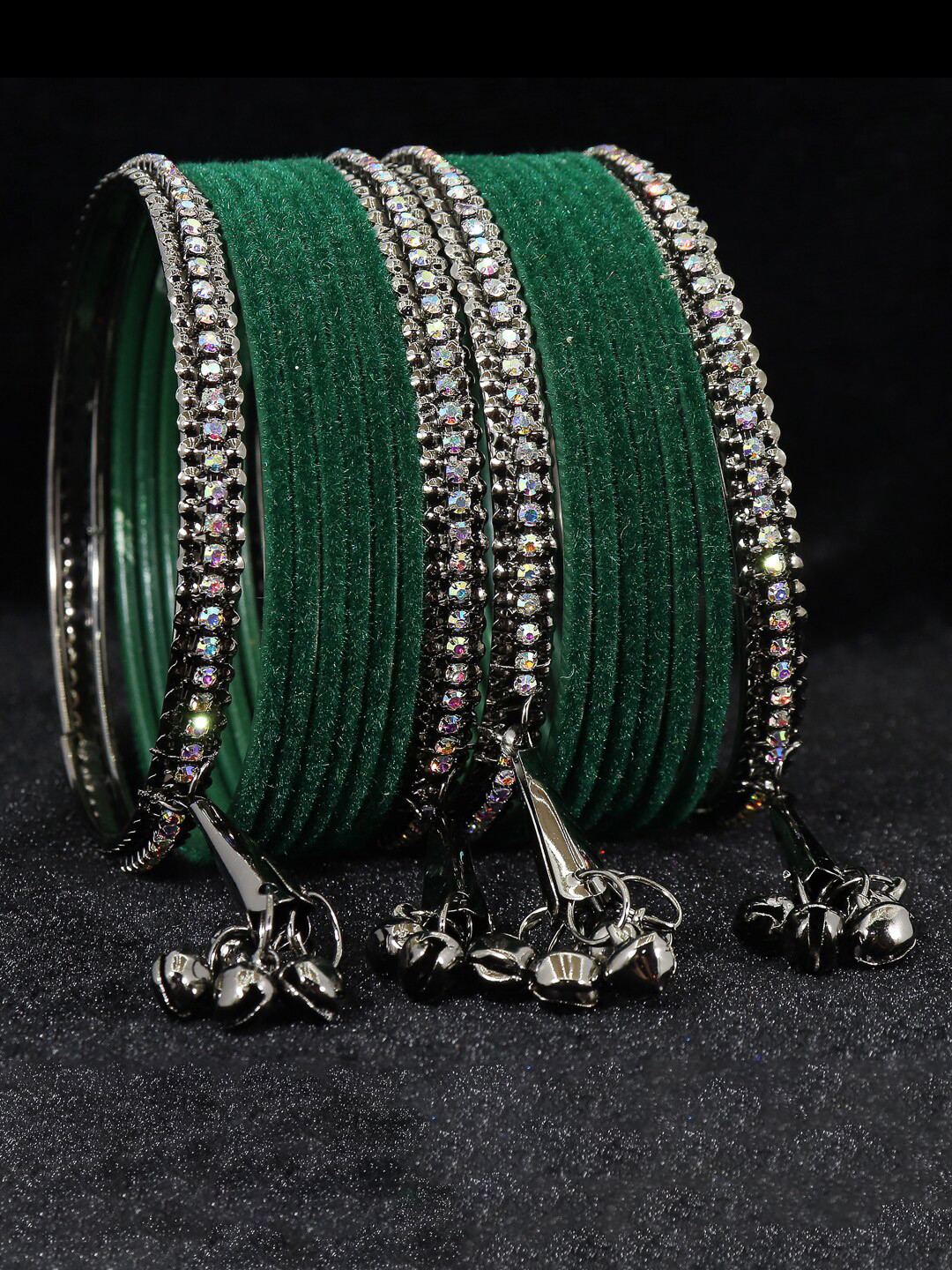 NMII Set Of 16 Silver-Plated Zircon Gemstone Studded & Velvet Latkan Metal Bangles