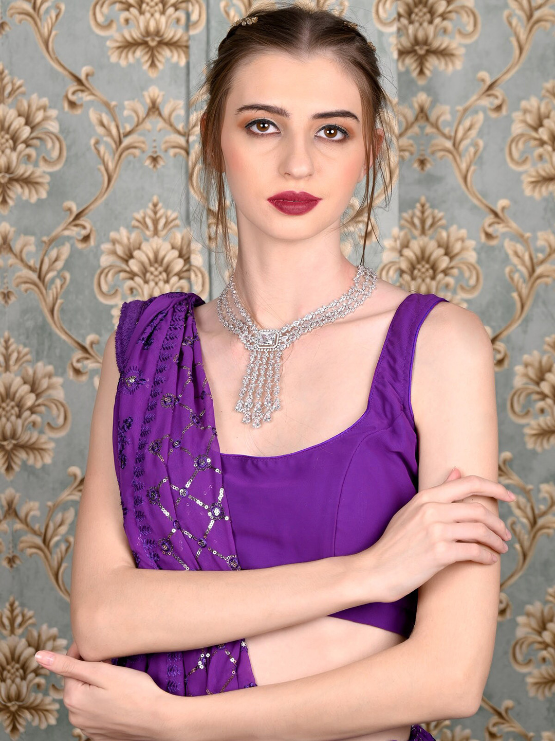 ODETTE Silver-Plated Faux Stone Studded Alloy Necklace Jewellery Set