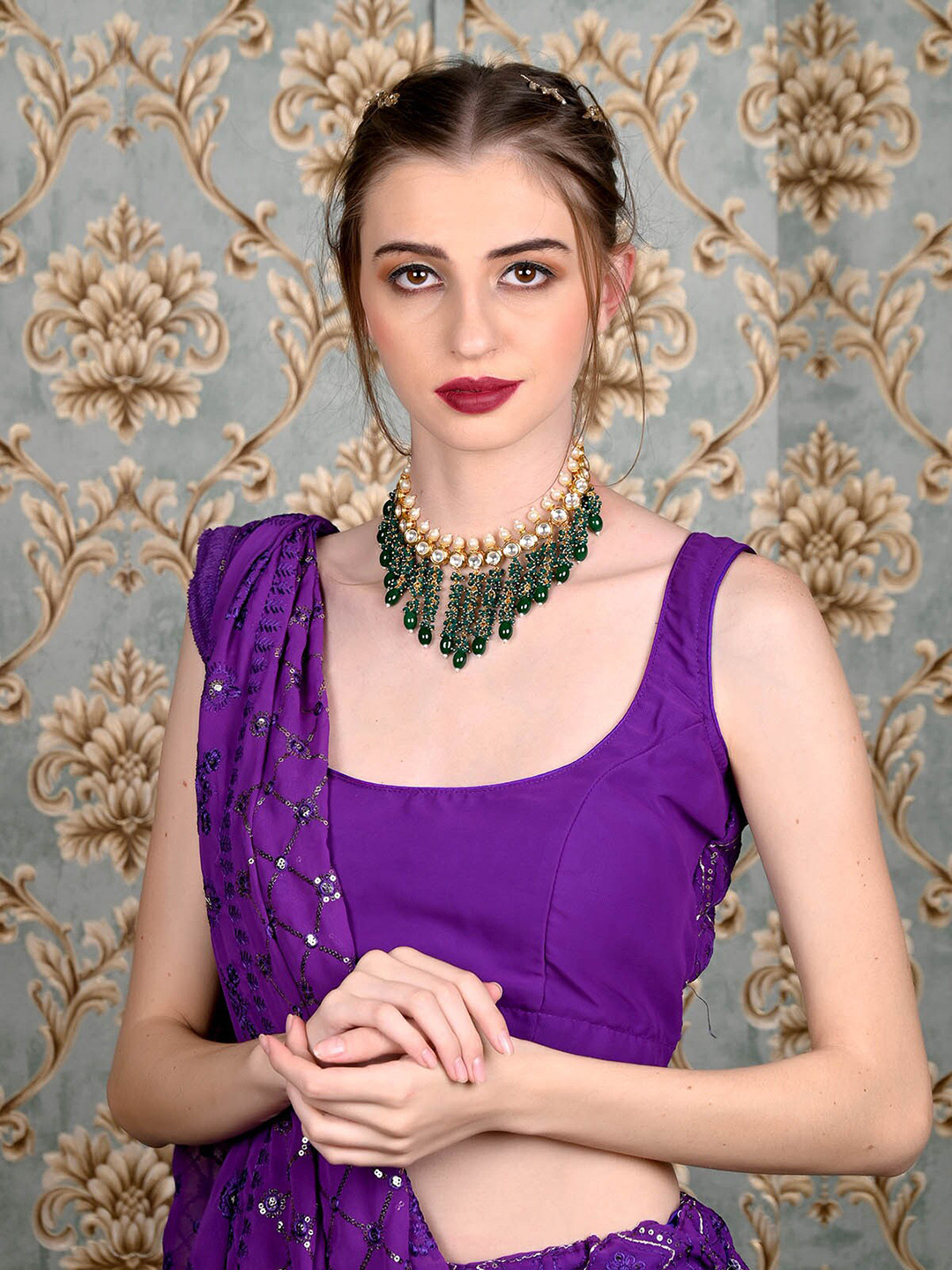 ODETTE Gold-Plated Choker Necklace & Earrings with Maang Tika Set