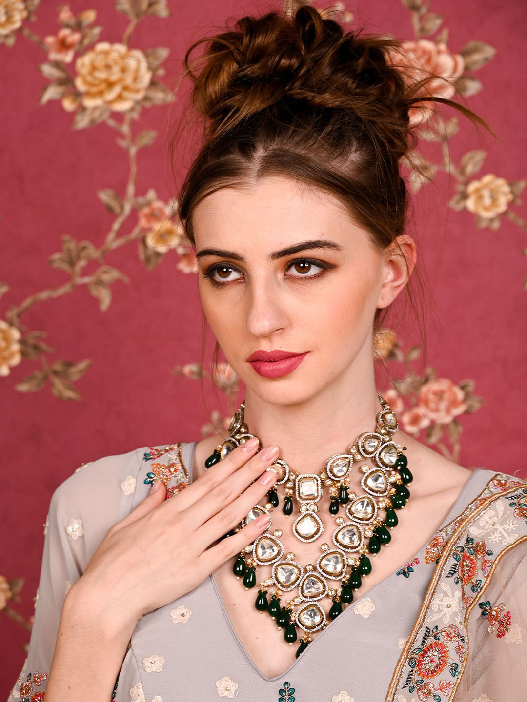 ODETTE Gold Plated Double Layered Bridal Long Necklace With Earrings