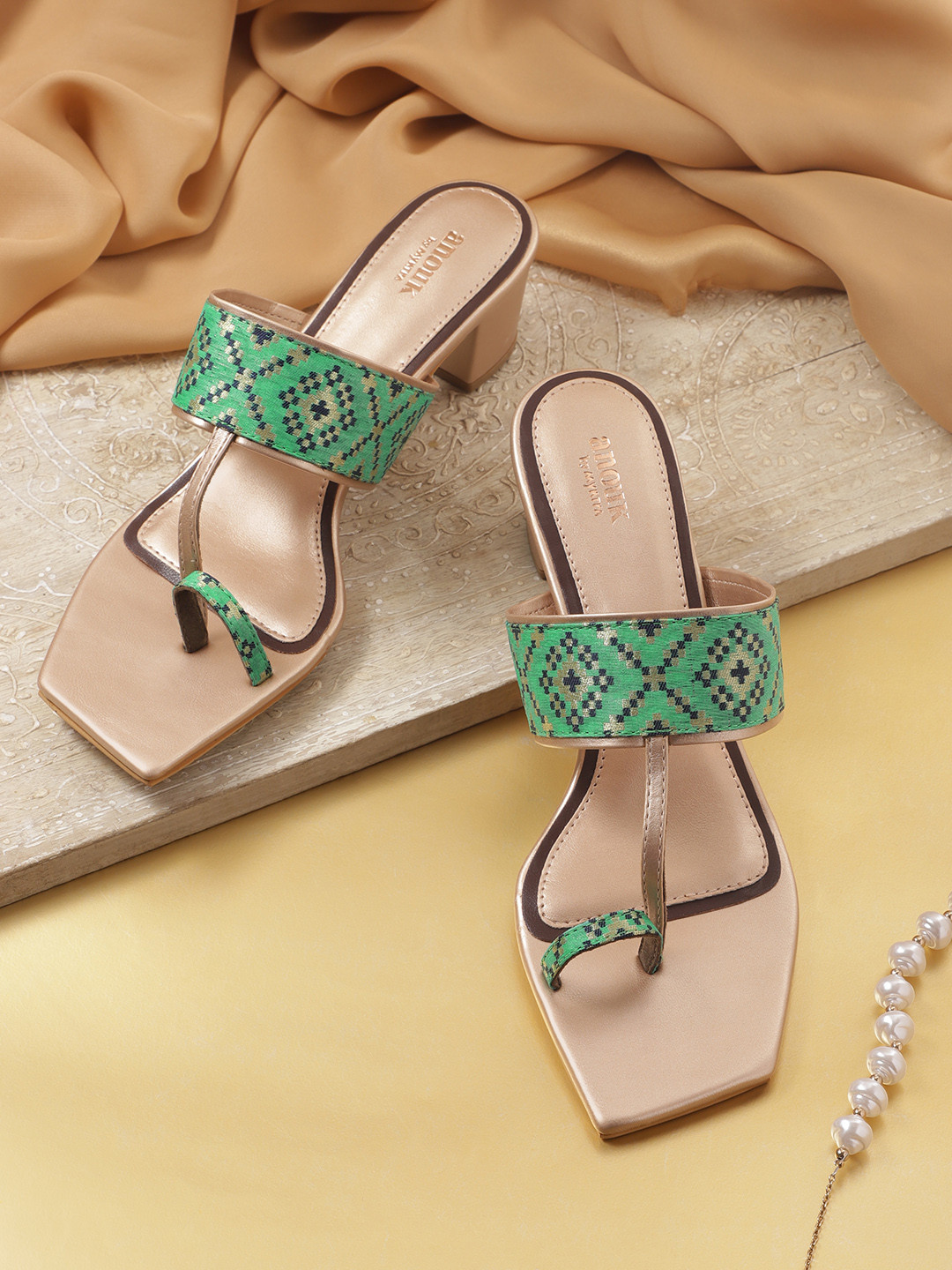 Anouk Women Ethnic Motifs Woven Design One-Toe Block Heels