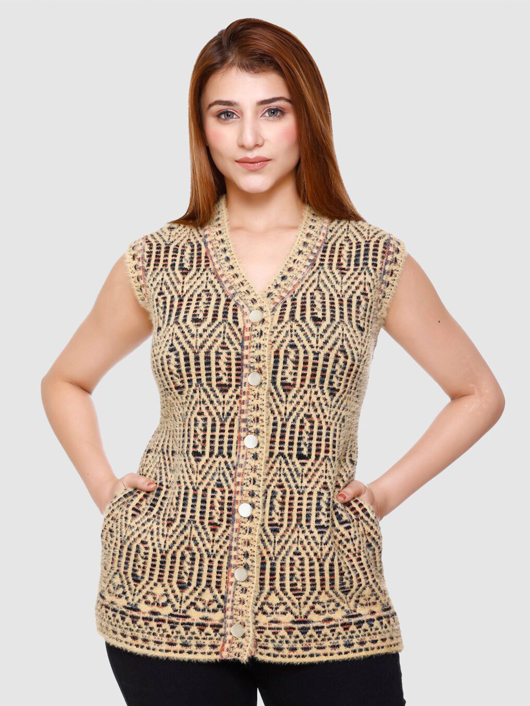 aarbee Geometric Self Design V-Neck Acrylic Cardigan Sweater