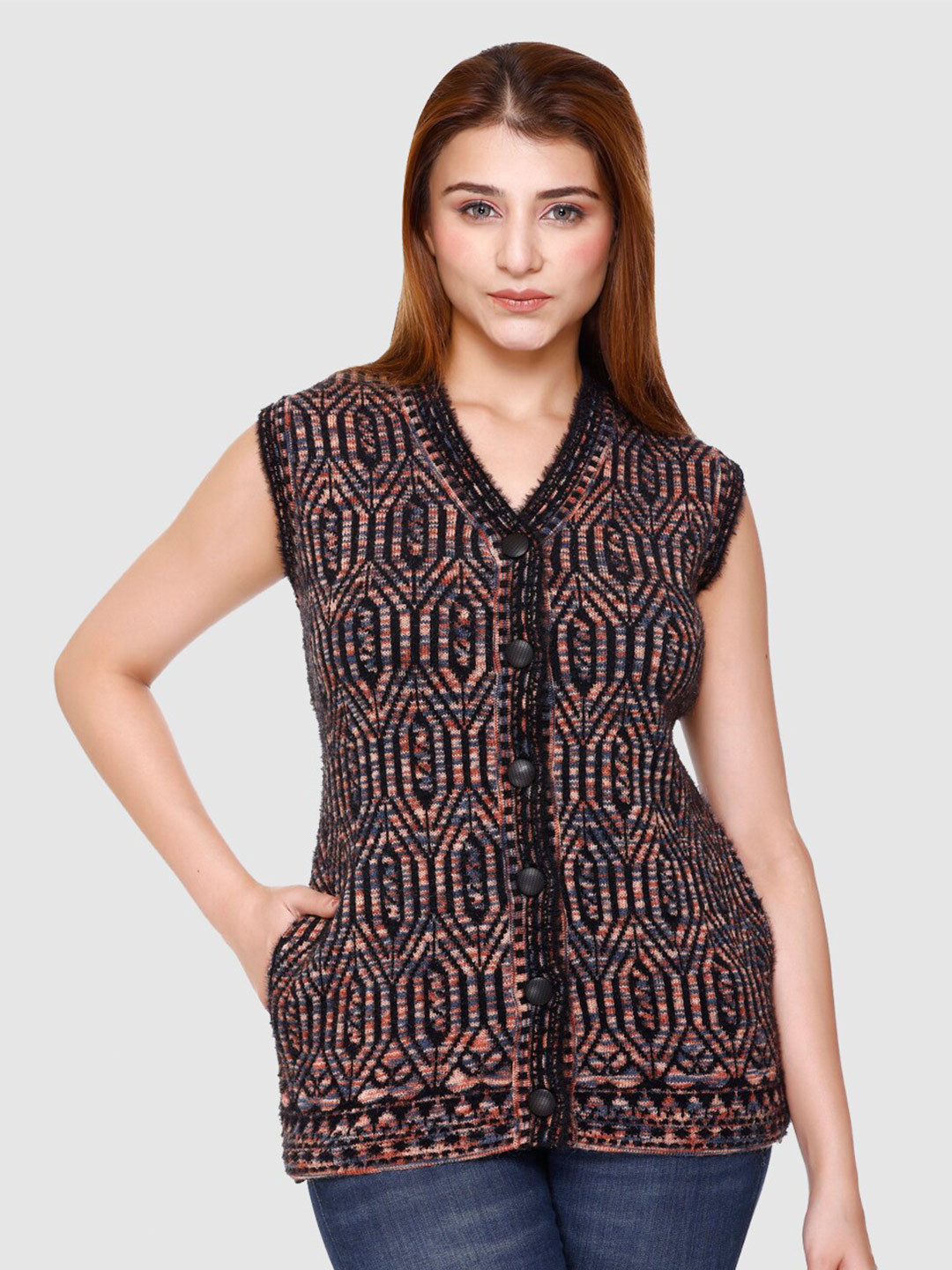 aarbee Geometric Self Design Acrylic Cardigan Sweater