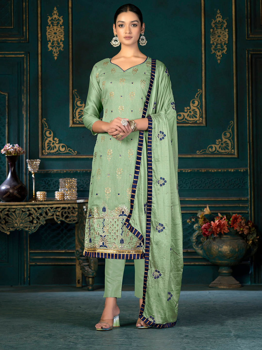 SHADOW & SAINING Floral Embroidered Beaded Unstitched Dress Material