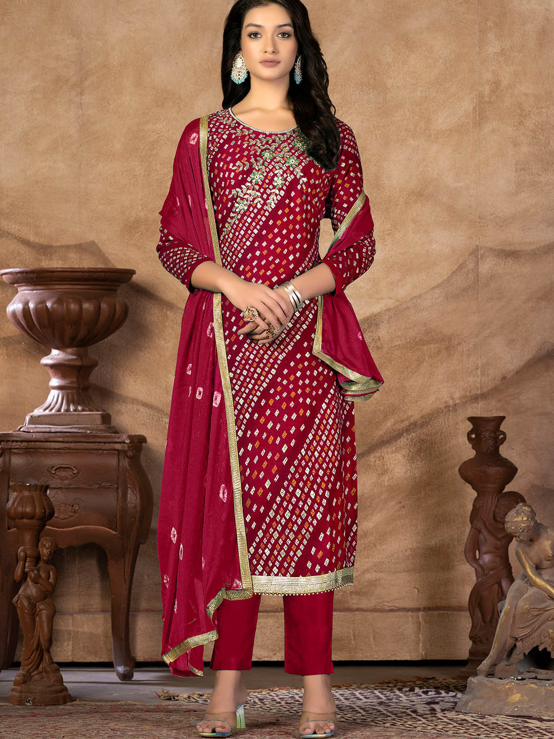 SHADOW & SAINING Bandhani Printed Beaded Unstitched Dress Material