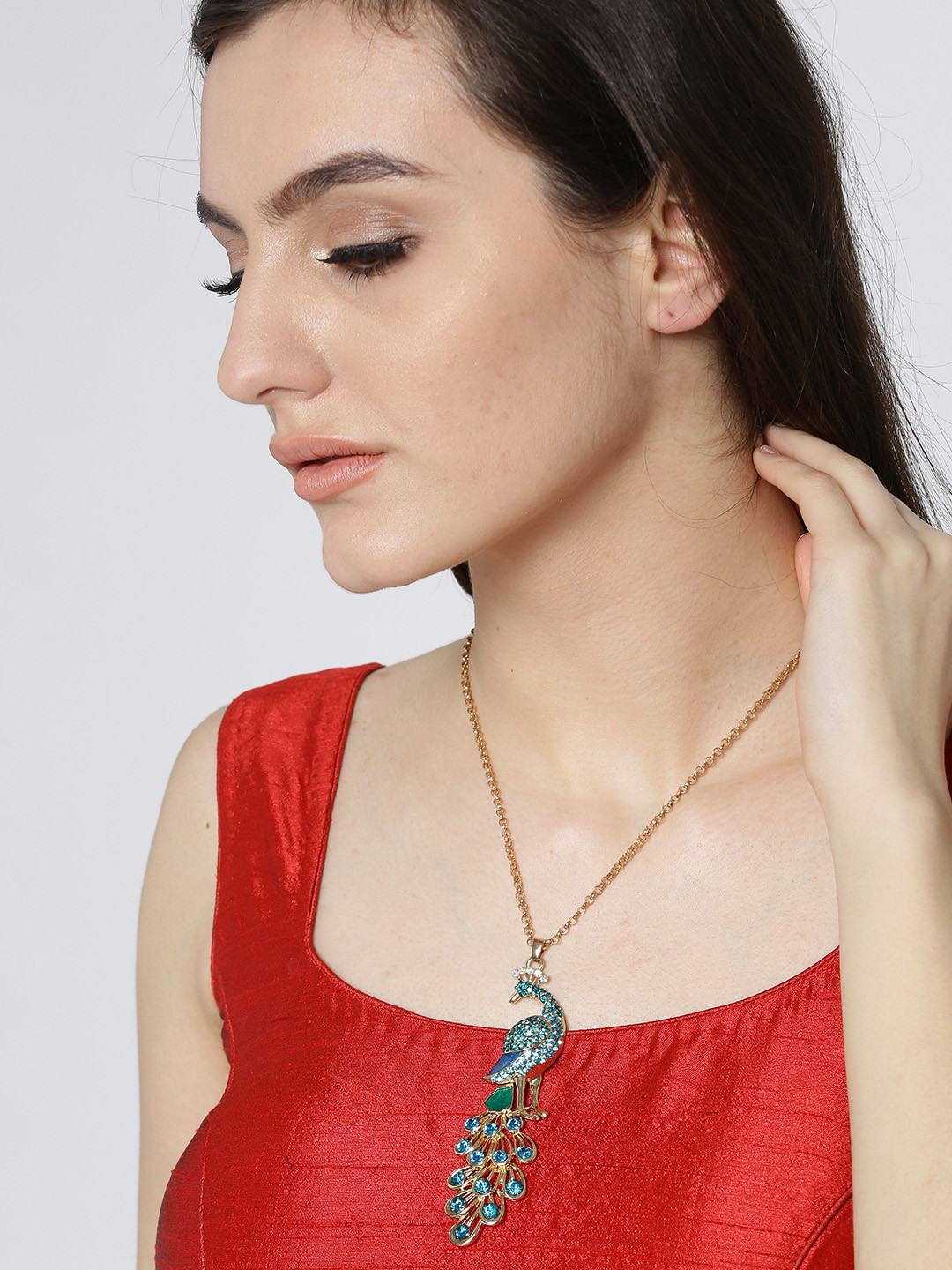 YouBella Blue & Gold-Toned Peacock-Shaped Stone-Studded Pendant with Chain