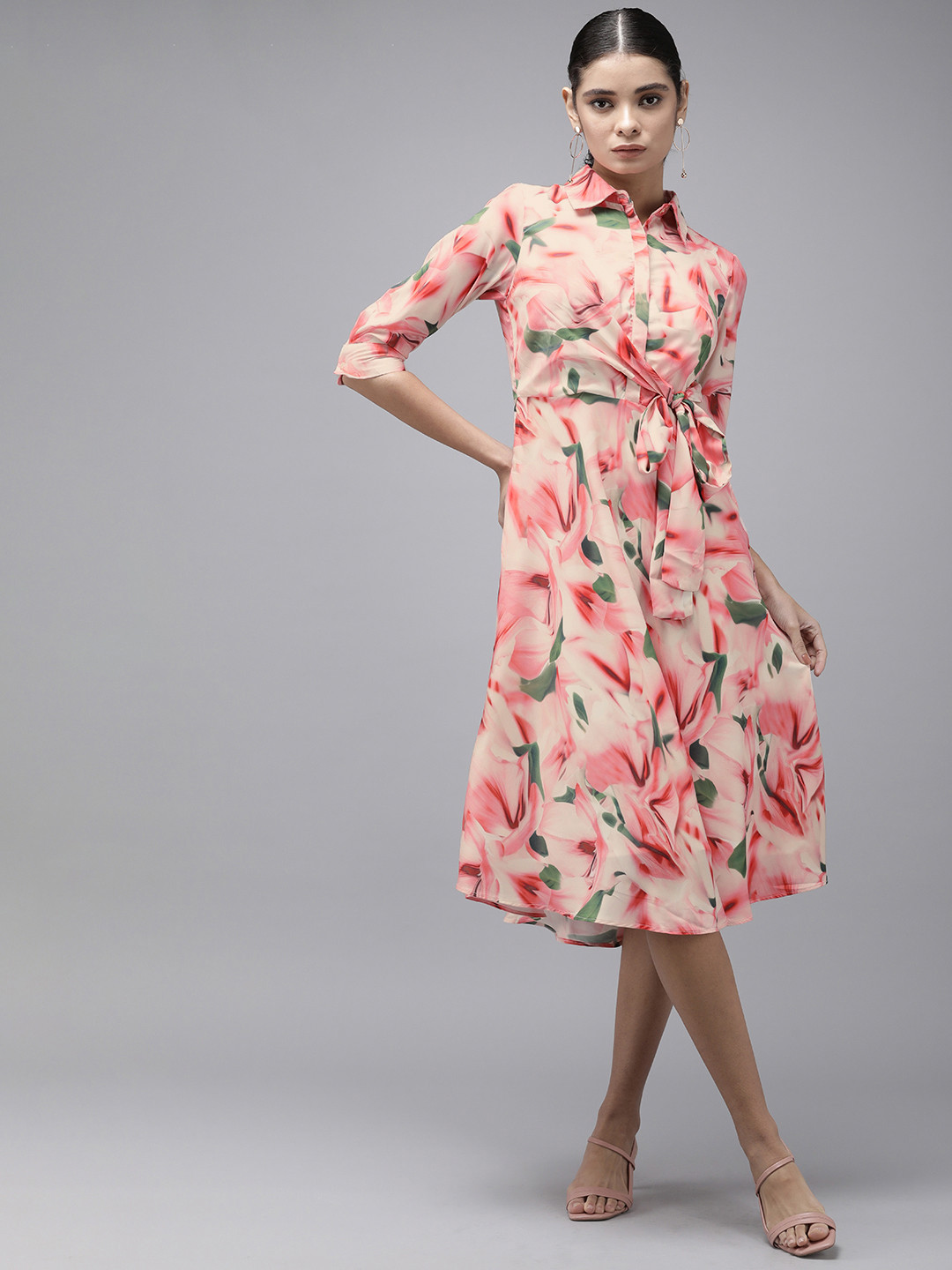Van Heusen Woman Floral Print Shirt-Collar A-Line Dress Comes With A Belt