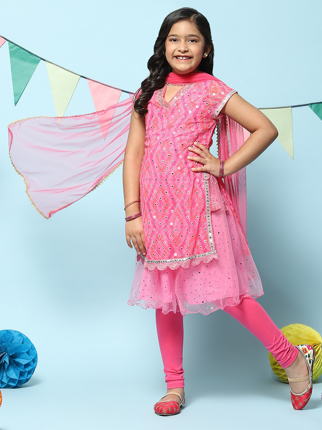 Biba Girls Layered Mirror Work Kurta With Leggings & Dupatta