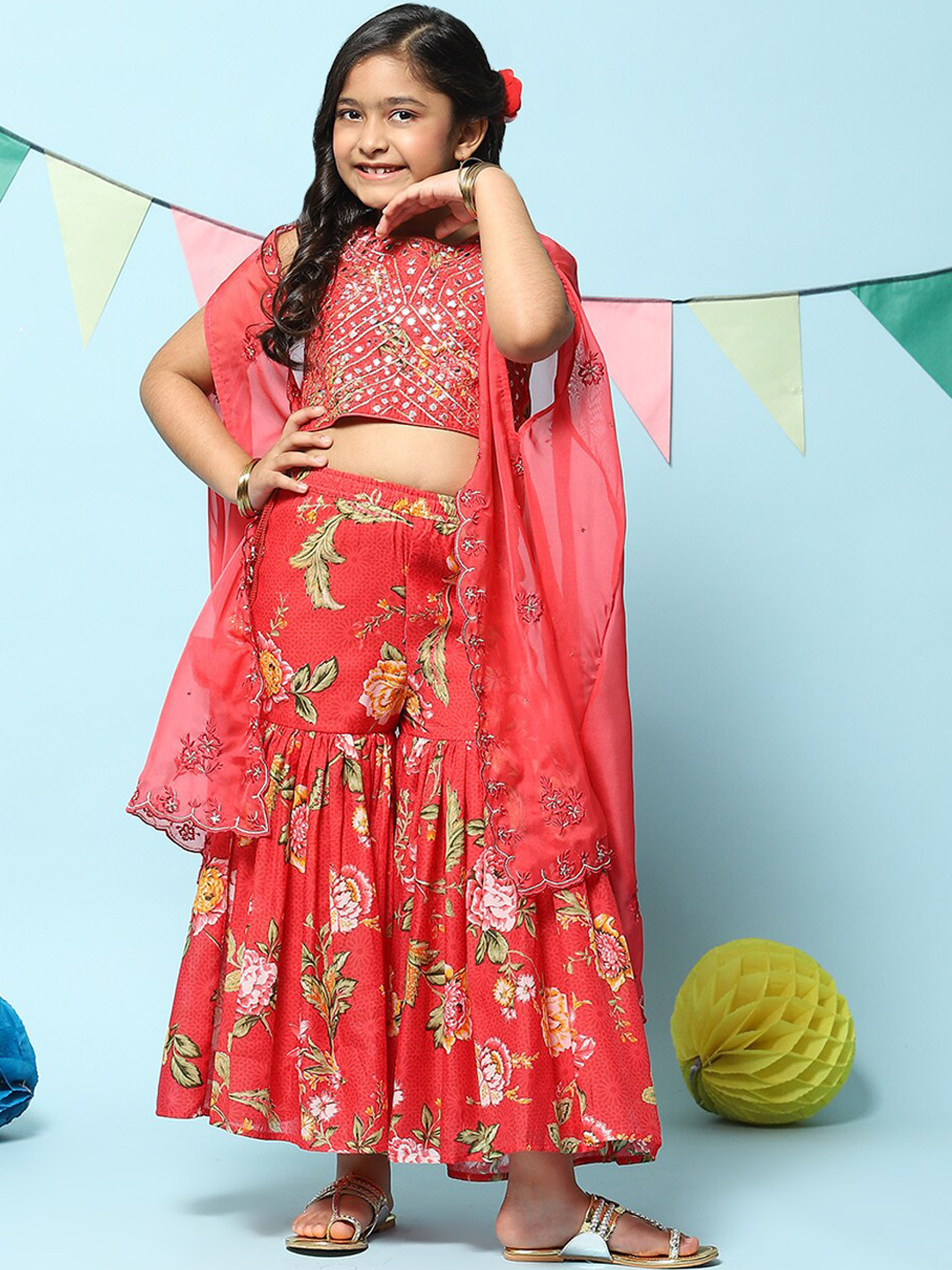 Biba Girls Floral Embroidered Sequinned Detailed with Sharara & Dupatta