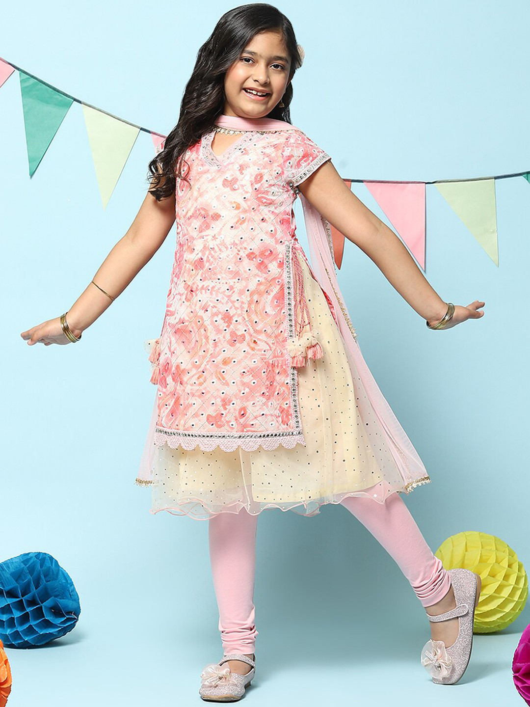 Biba Girls Layered Mirror Work Kurta With Leggings & Dupatta
