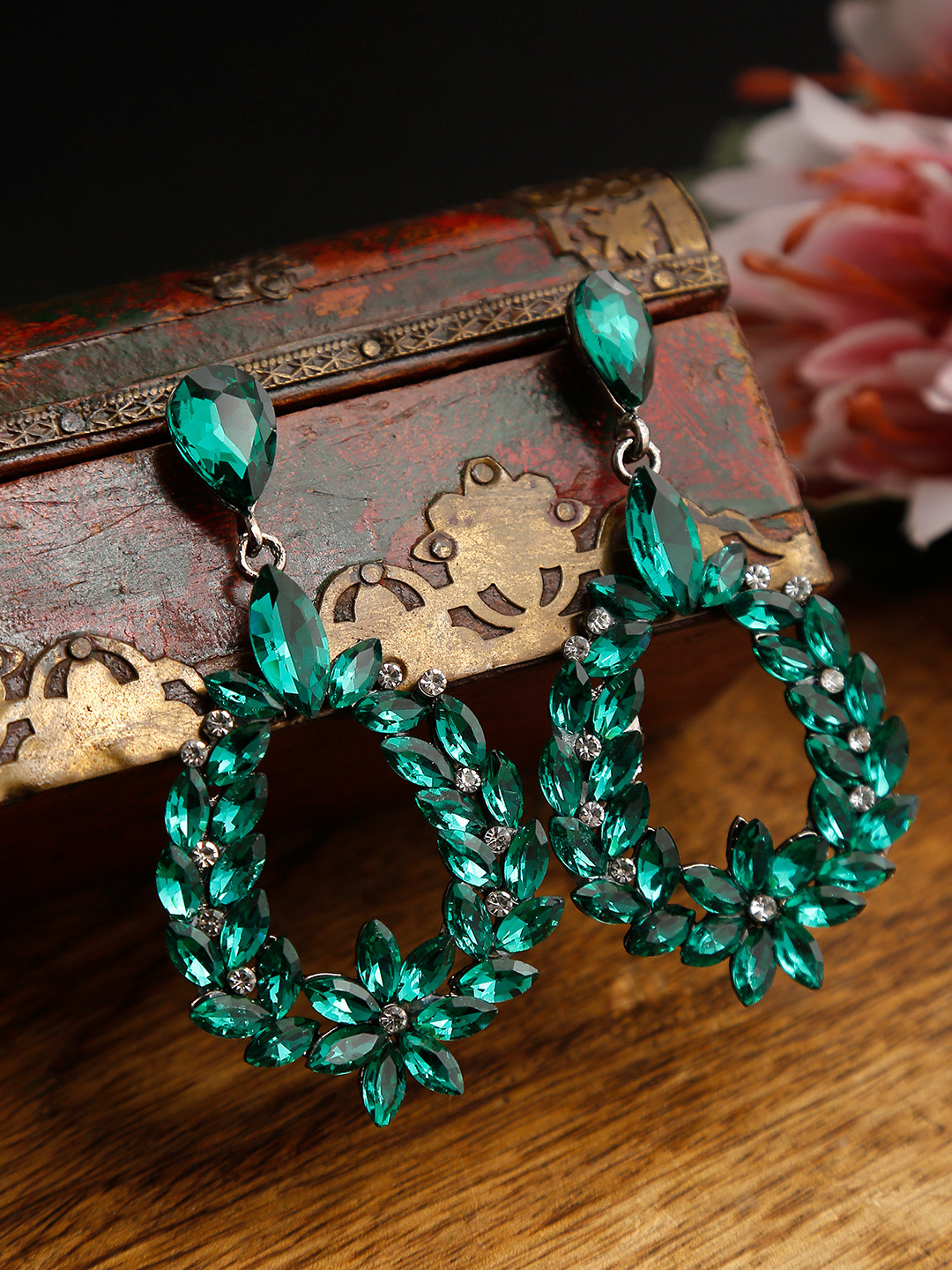 YouBella Green Stone-Studded Drop Earrings