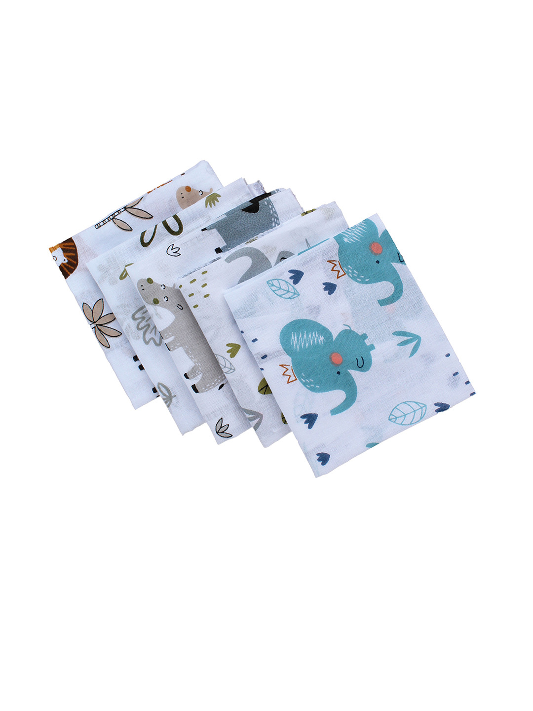 Trance Home Linen Kids White & Grey 5 Pieces Printed Pure Cotton Handkerchief