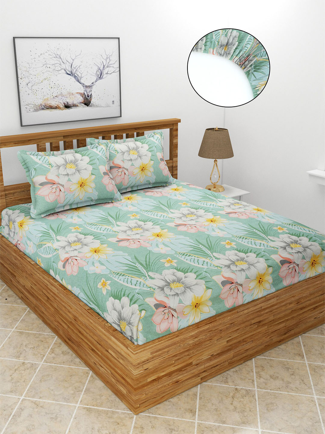 MORADO Green Floral Polycotton 210 TC Fitted King Fine Bedsheet with 2 Pillow Covers-72 x 78 inches