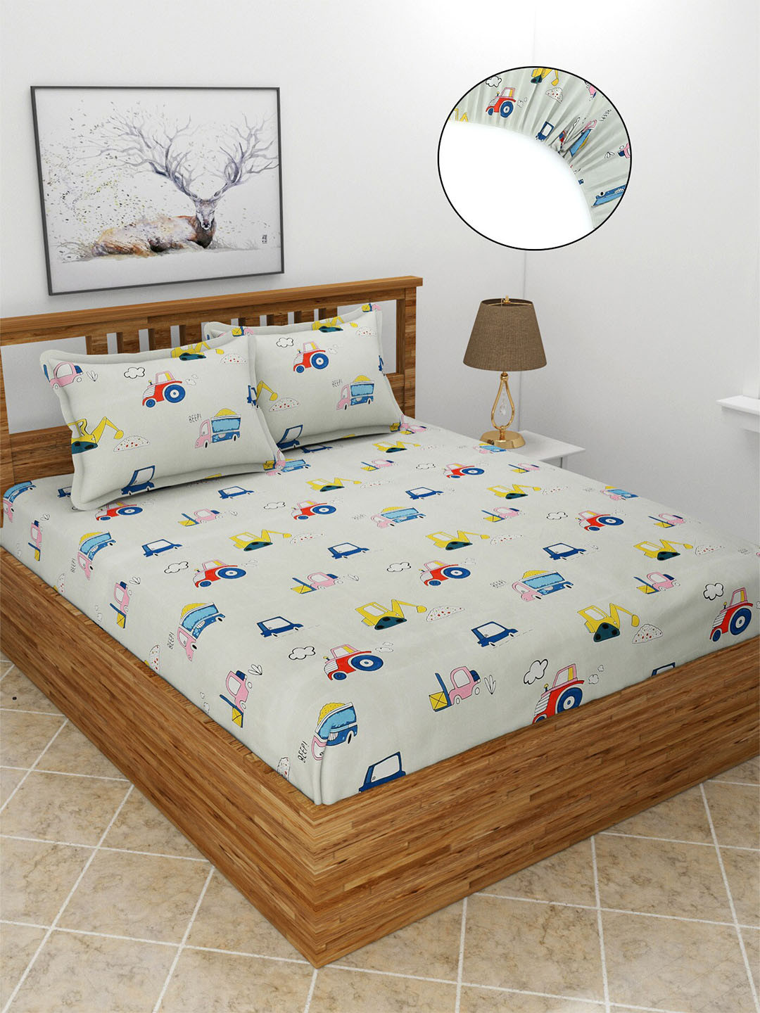 MORADO Off White Conversational Polycotton 210 TC Fitted Queen Fine Bedsheet with 2 Pillow Covers-182 x 198 cm