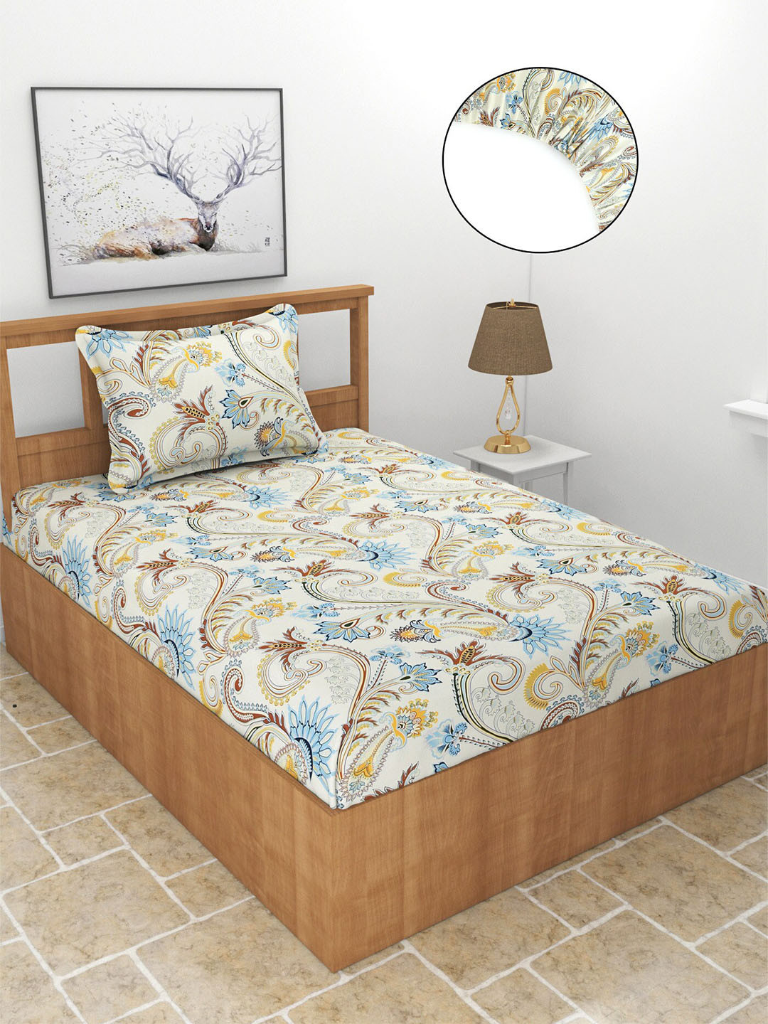 MORADO Maple Blue Ethnic Motifs Polycotton 210 TC Fitted Single Fine Bedsheet with a Pillow Cover-91.17 x 78 inches