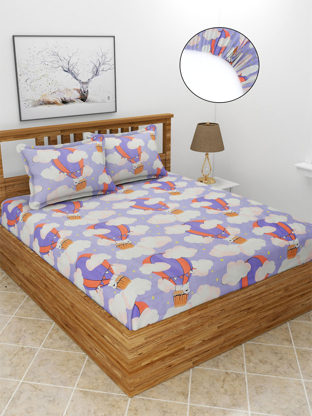 MORADO Kidzania Purple Conversational Polycotton 210 TC Fitted Queen Fine Bedsheet with 2 Pillow Covers-72 x 78 inches