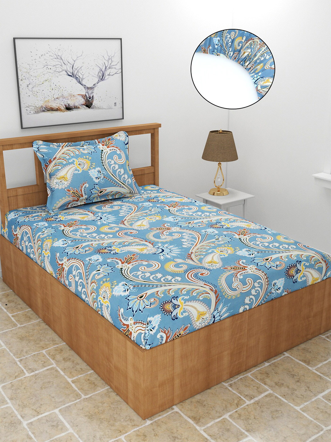 MORADO Maple Blue Ethnic Motifs Polycotton 210 TC Fitted Single Fine Bedsheet with a Pillow Cover-91.17 x 78 inches