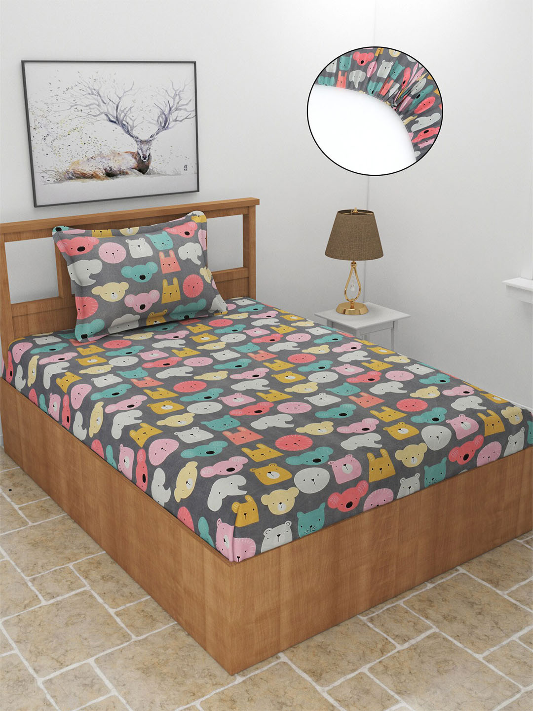 MORADO Kidzania Grey Graphic Polycotton 210 TC Fitted Single Fine Bedsheet with a Pillow Cover-36 x 78 inches