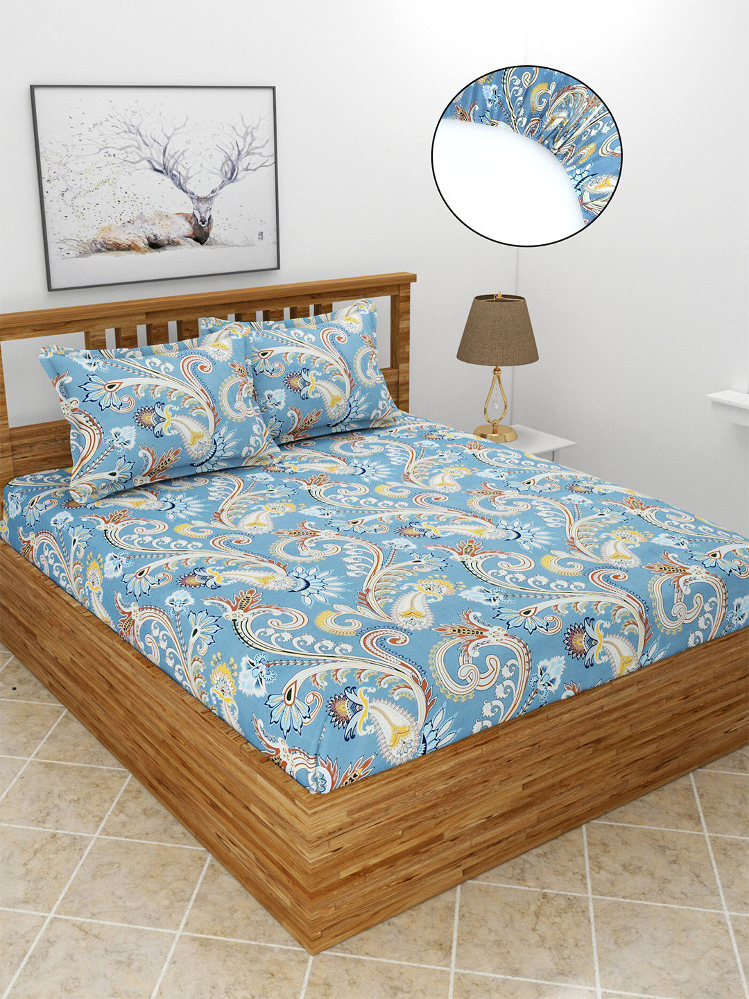 MORADO Mapl Blue Ethnic Motifs Polycotton 210 TC Fitted Queen Fine Bedsheet with 2 Pillow Covers-72 x 78 inches