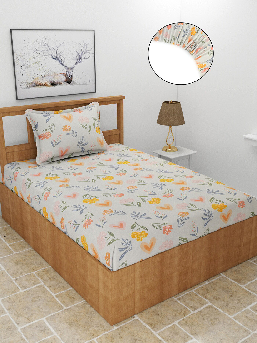 MORADO Maple Off White Floral Polycotton 210 TC Fitted Single Fine Bedsheet with a Pillow Cover-91.44 x 182.88 cm
