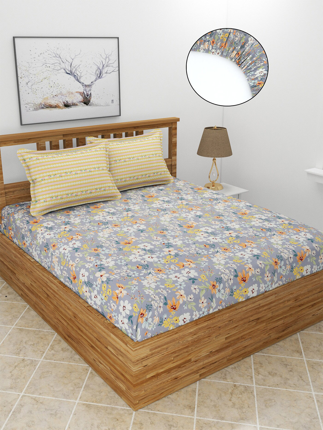 MORADO Vedic Grey Floral Polycotton 210 TC Fitted King Fine Bedsheet with 2 Pillow Covers-182 x 198 cm