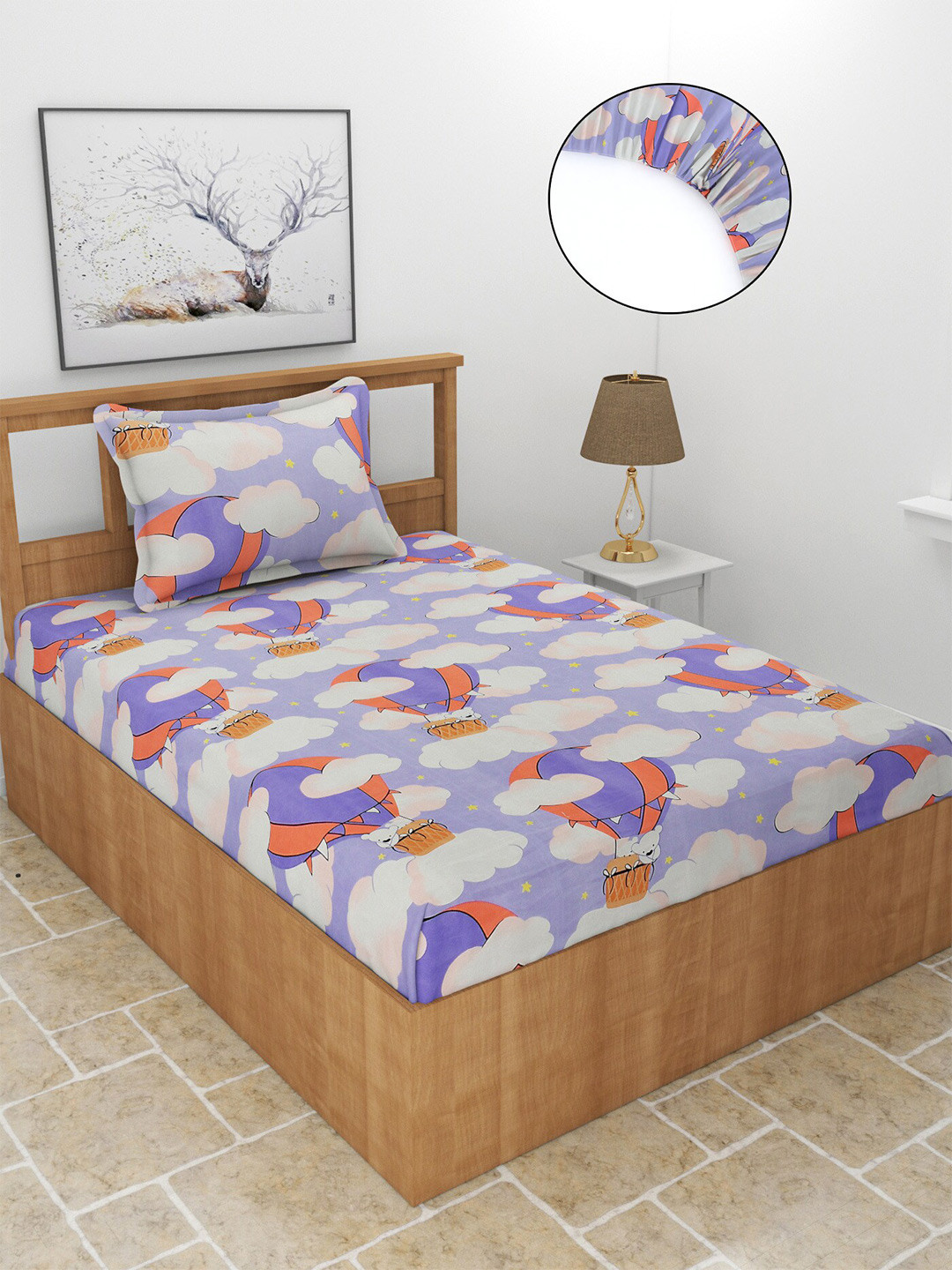 MORADO Kidzania Purple Graphic Polycotton 210 TC Fitted Single Fine Bedsheet with a Pillow Cover-36 x 78 inches