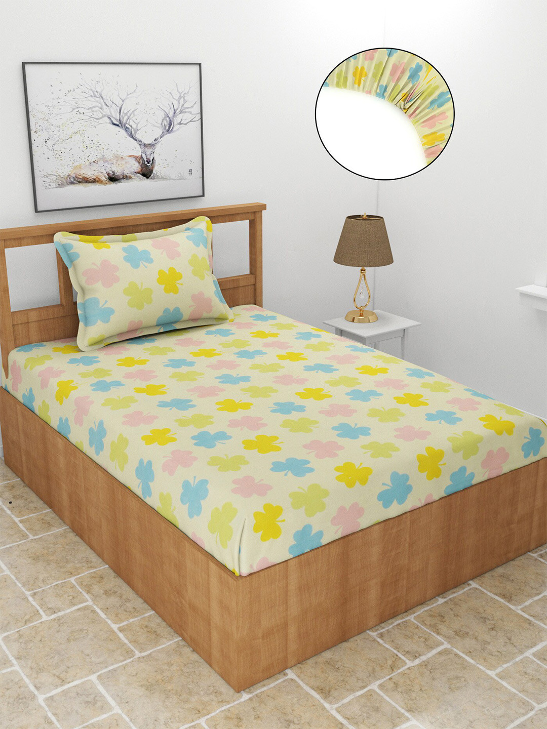 MORADO Kreams Green Floral Polycotton 210 TC Fitted Single Fine Bedsheet with a Pillow Cover-59 x 87 inches