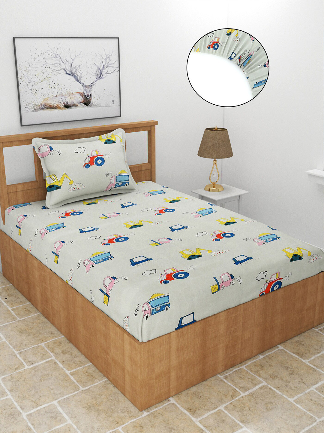 MORADO Kidzania Grey Conversational Polycotton 210 TC Fitted Single Fine Bedsheet with a Pillow Cover-91 x 182 x 20 cm