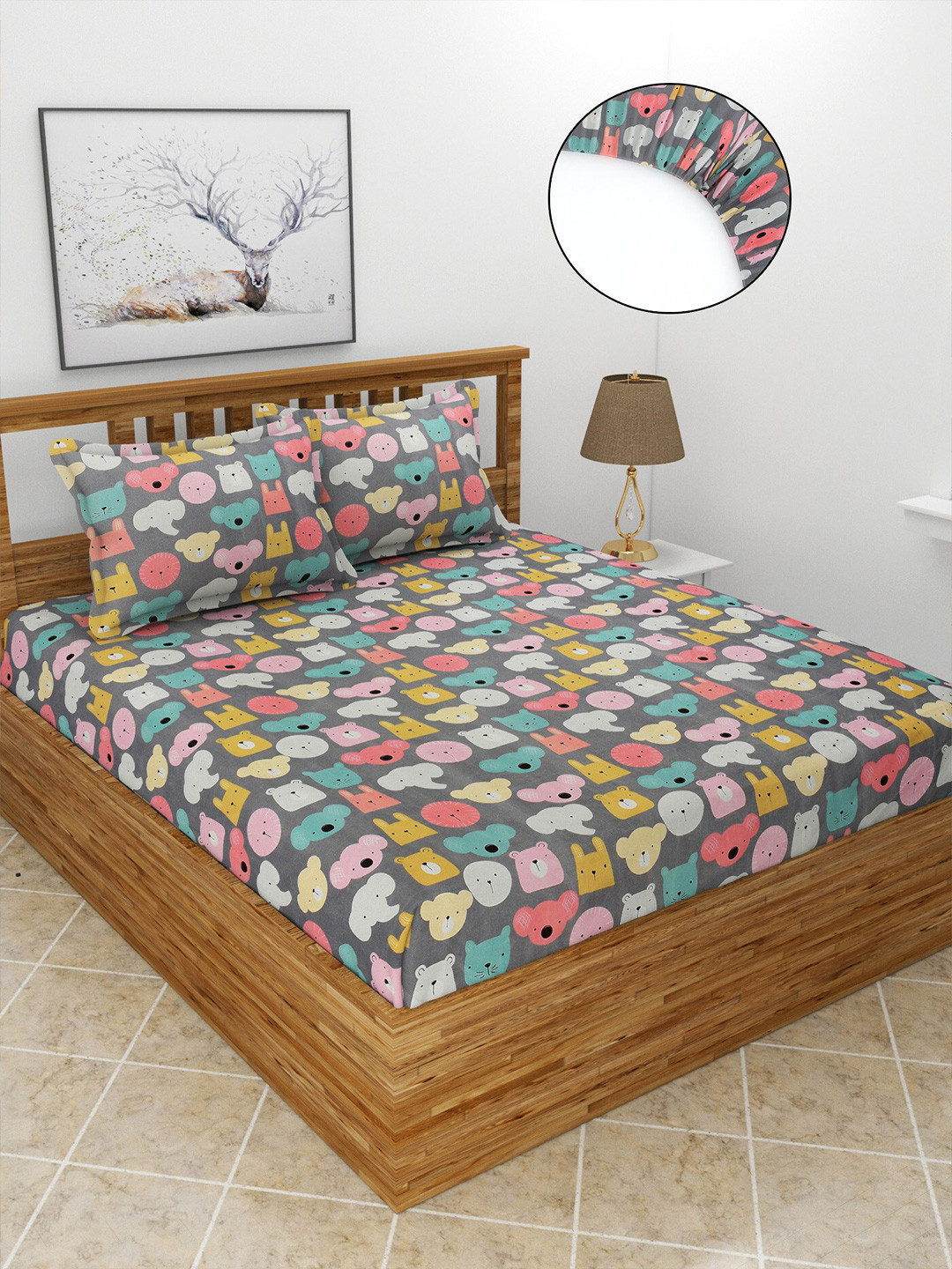 MORADO Kidzania Grey Graphic Polycotton 210 TC Fitted Queen Fine Bedsheet with 2 Pillow Covers-182.88 x 198.12 cm