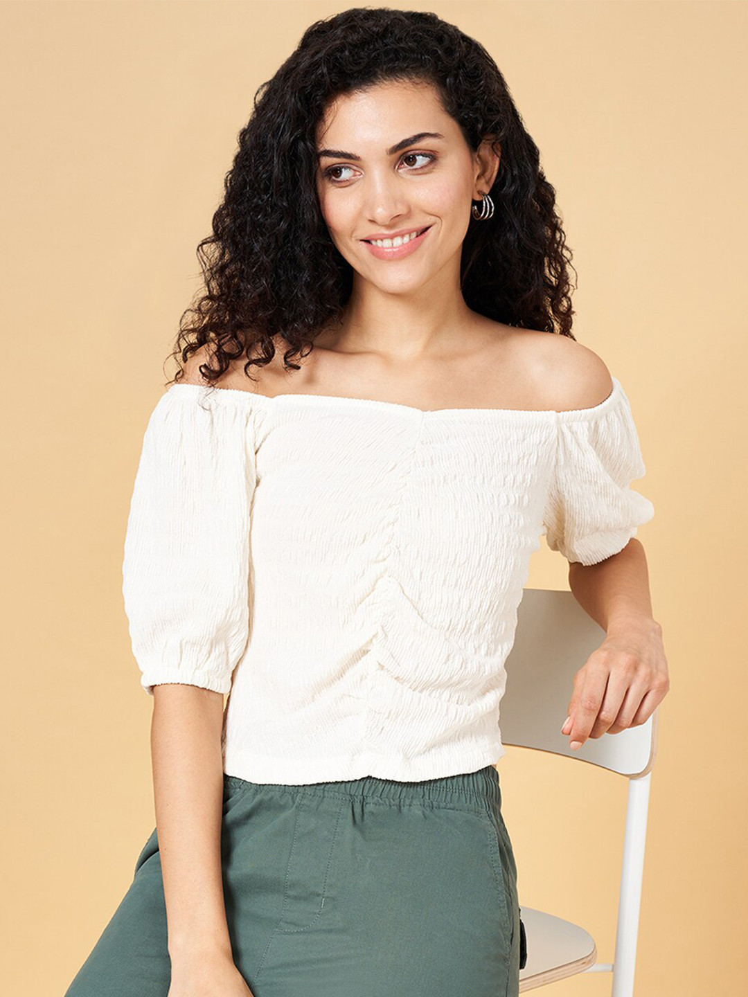 Honey by Pantaloons Off-Shoulder Puff Sleeve Bardot Top